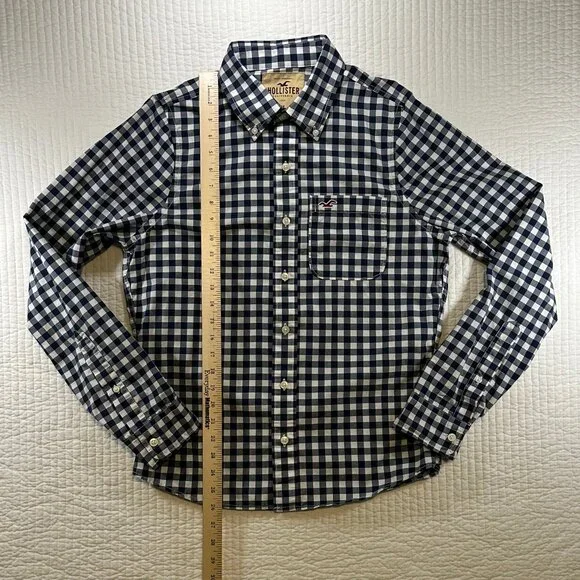 Hollister Navy Blue White Check Long Sleeve Preppy Button Down Shirt Size M - Picture 5 of 10